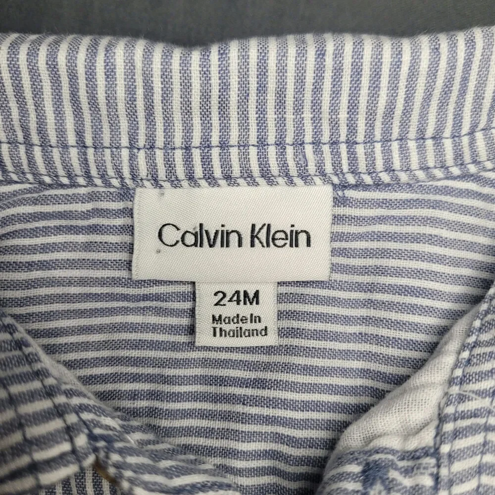 Calvin Klein Toddler Boy Blue & White Stripe Short Sleeve Linen Blend Shirt 24M